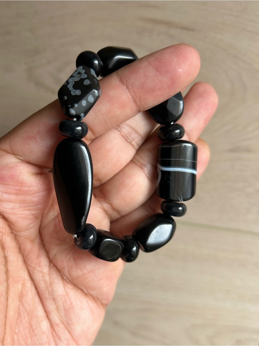 Handmade Banded Black Agate, Snowflake Obsidian Stretch Bracelet Size 6
